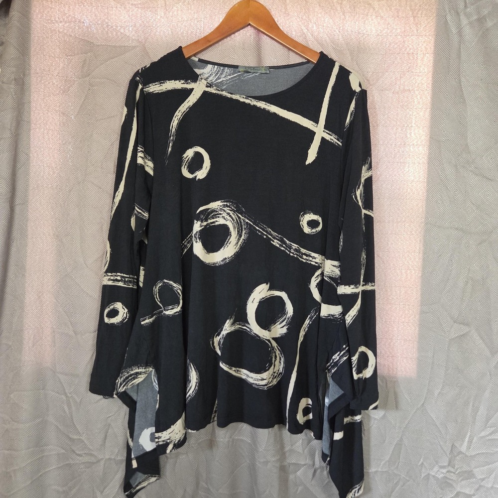 Chalet Et Ceci Blouse Womens XL Black Scoop Neck Long Sleeve Abstract Tunic Top